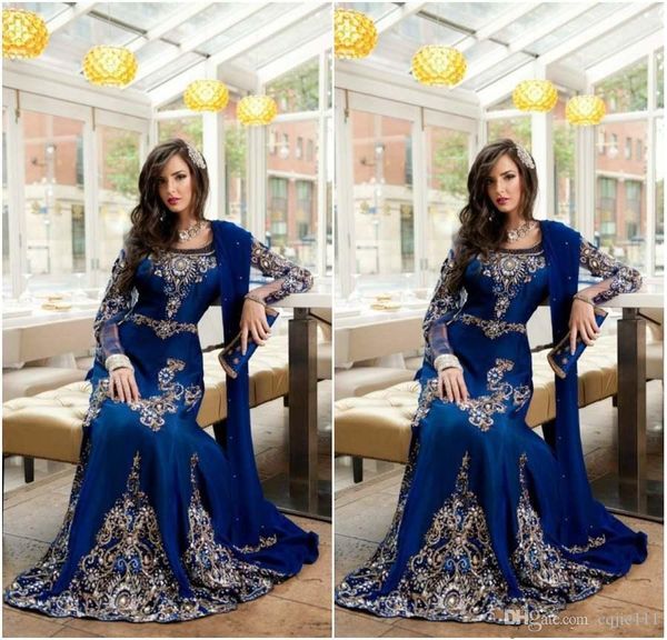 2019 Nuevo azul real de lujo de cristal musulmán árabe vestidos de noche apliques de encaje Abaya Dubai Kaftan largo de talla grande vestidos formales de celebridades