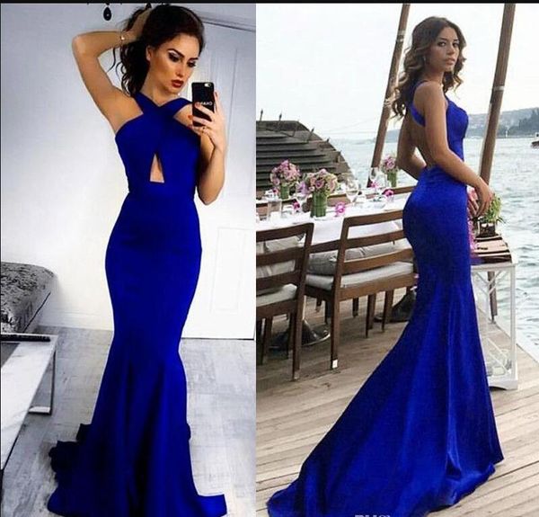 2019 nouvelles robes de bal longues sirène bleu royal froncé décolleté en trou de serrure sexy croisé dos nu tache demoiselle d'honneur robes de soirée