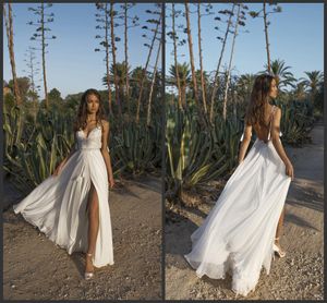 Nuevos vestidos de novia sexis Asaf Dadush de corte A, vestidos de novia de encaje con abertura espagueti, vestido de novia sin espalda, vestido de novia campestre