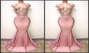 2019 Nieuwe sexy backless Dusty Pink Prom -jurken Mermaid Spaghetti Appliqued Beaded Long Train Party Jurken Custom Gemaakte gelegenheid Even6829646