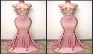 2019 Nuevos vestidos de fiesta de graduación de color rosa polvoriento sexy sin espalda de la sirena Spaghetti aplicada con cuentas largas vestidos de fiesta de tren a la altura de la costumbre de incluso 2130730