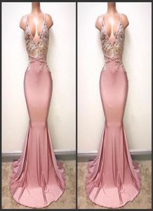 2019 Nieuwe sexy backless Dusty Pink Prom -jurken Mermaid Spaghetti Appliqued Beaded Long Train Party Jurken Custom Gemaakte gelegenheid Even6123372