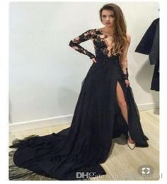 2019 Nouveau Sexy noir manches longues robe de soirée formelle Slim Fit côté fendu robes de soirée de bal longueur de train sur mesure élégant bal d1823001