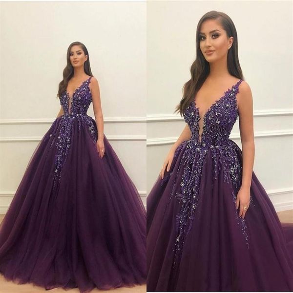 2019 New Sexy Dark Purple Quinceanera Ball Gown Vestidos Tulle Deep V-Neck Lentejuelas Sweet 16 Dress Sweep Train Custom Party Prom Eve2063