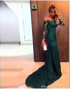 2019 Nieuwe sexy Emerald Green Long Sheeves Lace Mermaid avondjurken Illusie Mesh Top Lange prom jurken goedkope vloer lengte feest D2183065