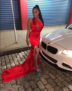 2019 Nieuwe Sexy One Shoulder Mermaid Prom Dresses Red High Side Split Evening Formele Toga Sleutelgat Hals Elastische Satijn Party Jurken