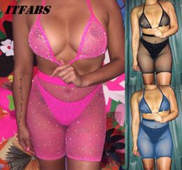 2019 Nuevas mujeres sexy bikini set de malla halter de malla Brafishnet de cintura pantalones cortos de cintura alta para ropa de dormir