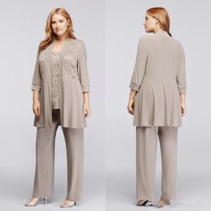 2019 nieuwe zilveren chiffon moeder van de bruid pakken broek jas lange mouwen drie stukken plus size kant applique enkellange jurk