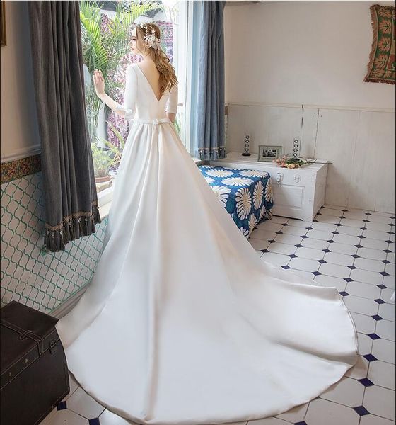 2019 nouvelles robes de mariée modestes en Satin ligne a simples avec manches col bateau Vintage LDS robes de mariée sur mesure Made2882