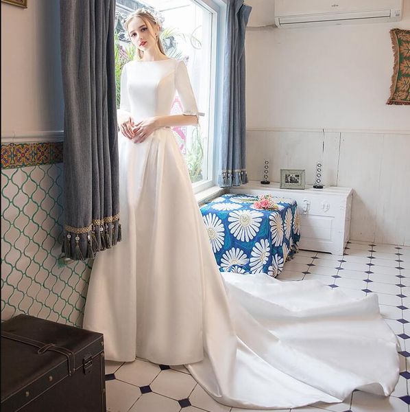 2019 nouvelles robes de mariée modestes en Satin ligne a simples avec manches col bateau Vintage LDS robes de mariée sur mesure Made243Z