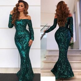 2019 Nieuwe Sparkly Emerald Green Mermaid Prom Dresses Off Shoulder Lace Appliques Sequins Plus Size Evening Jurken Women Formal Party Go 2060