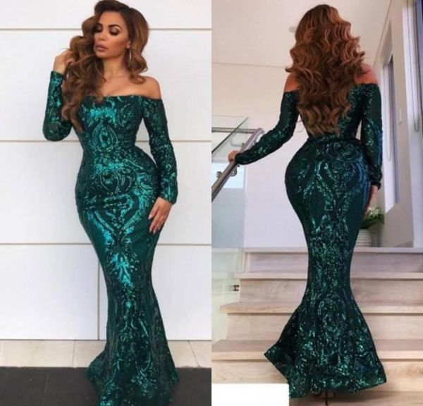 2019 Nuevos vestidos de fiesta de sirena verde esmeralda brillante con hombros descubiertos Apliques de encaje Lentejuelas Vestidos de noche de talla grande para mujer Par4209381 formal