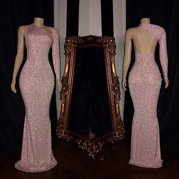 2020 New Sparkly Rose Pink Lentejuelas Vestidos de noche Sirena Un hombro Sin respaldo Longitud del piso Tallas grandes Vestidos de fiesta formales Desgaste del desfile