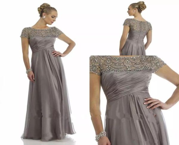 2019 Nuevo Sparky Crystal Chiffon Vestidos para la madre de la novia Mangas cortas Volantes Imperio Escote redondo Tallas grandes Madre del novio 9590661