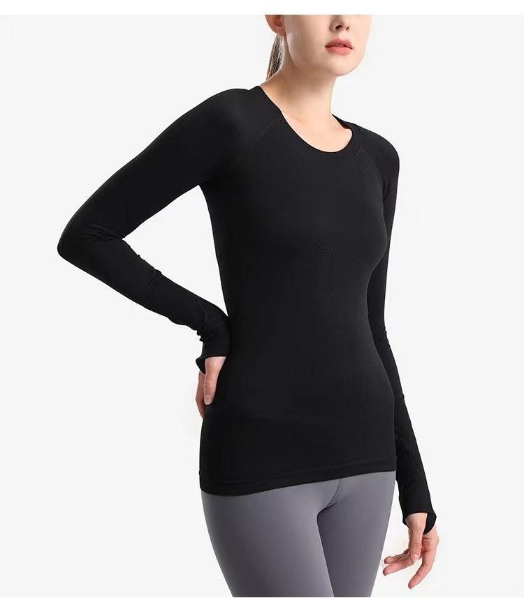 Chemises de yoga de gym élastique tricots et t-shirts à manches longues Femmes minces coulissantes sport veste de sport rapide et sweats de fitness noirs secs
