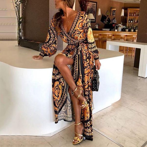 2019 New Style Fashion Fashion Elegant Women Sexy Boat Neck Glitter Vestido de fiesta de estampado de cuello profundo V Neck