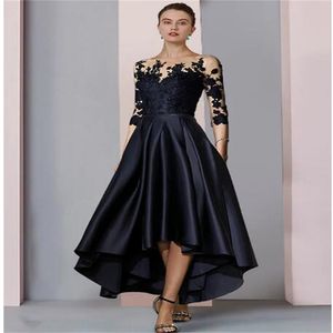 Trapèze Robe de Mère de Mariée Invité de Mariage Élégant Haut Bas Encolure Dégagée Asymétrique Longueur Thé Satin Dentelle Manches 3/4