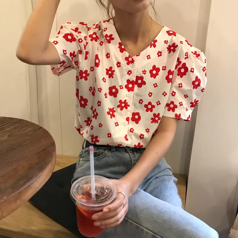 2019 Nueva Blusa Pequeña De Verano Para Mujer Elegante Coreana Con Cuello En V Estampado Floral Camisa De Manga De Soplo Mujer Lindas De 21,4 € | DHgate