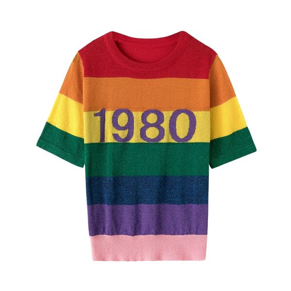 Nouveau été femmes col rond manches courtes arc-en-ciel couleur rayure lurex patchwork brillant pull tricoté top t-shirts 1980 chemises imprimées