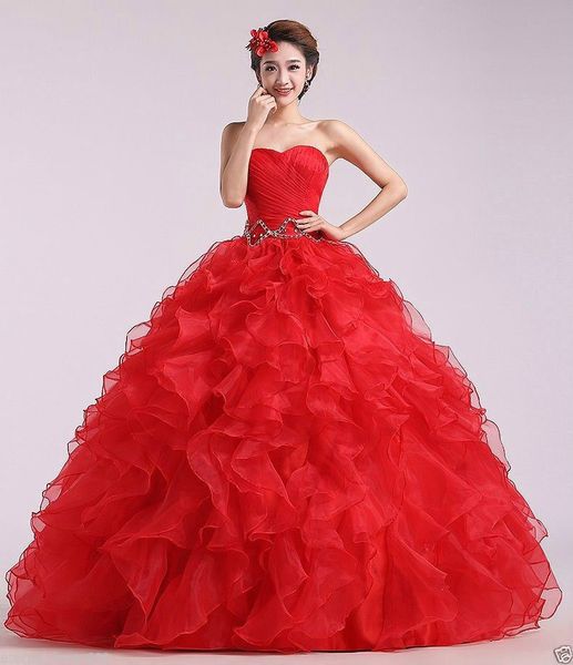2019 Nuevo vestido de fiesta rojo con forma de corazón Vestidos de quinceañera Cristales durante 15 años Dulce 16 Tallas grandes Vestido de fiesta de graduación QC1041