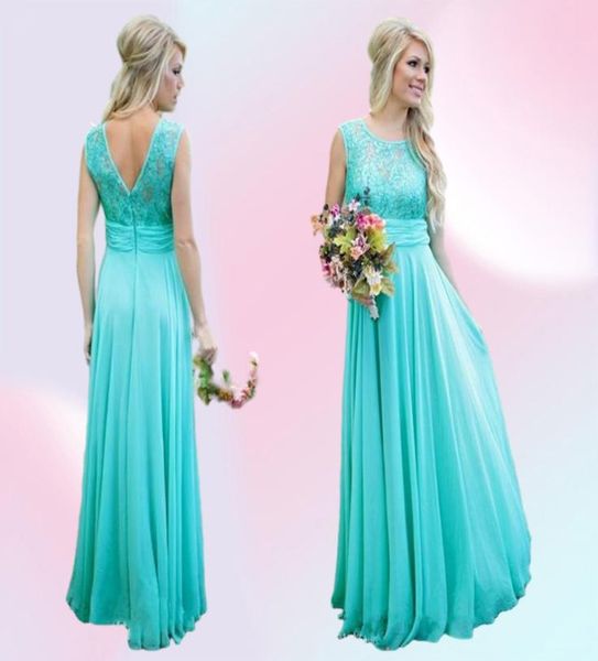 2019 Nuevos vestidos de dama de honor de color verde azulado Scoop A Line Gasa de encaje V Sin espalda Vestidos de damas de honor largos y baratos para la boda BA15138651899