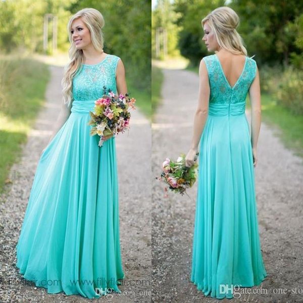 2019 New Teal Country Vestidos de dama de honor Scoop A Line Chiffon Lace V Backless Vestidos de dama de honor largos y baratos para bodas BA1513270L