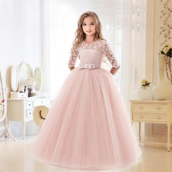 2019 Nouvelle adolescente princesse en dentelle solide robe pour enfants robes de broderie de fleur pour les filles qui se portent la f￪te de bal Wear Roube de bal rouge by246n