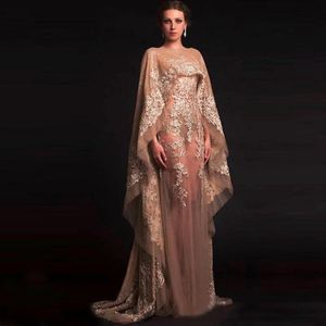 2020 Nouveau caftan arabe unique robe en mousseline de soie champagne sexy robe de soirée décalcomanies transparentes à Dubaï et robes de soirée châle de Dubaï