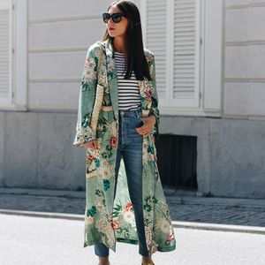 2019 Nueva vendimia Pareo retro estampado floral verde largo kimono chaqueta de manga larga Cardigan Maxi chal verano Tops con cinturón ropa de playa V191019