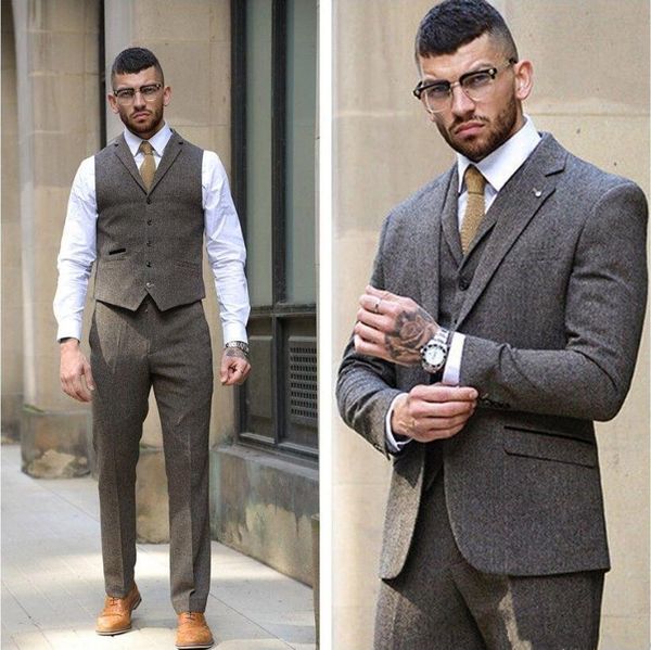 2019 nouveaux smokings de mariage gris foncé laine Tweed meilleurs costumes de mariage pour hommes 3 pièces coupe cintrée vêtements de marié veste pantalon gilet