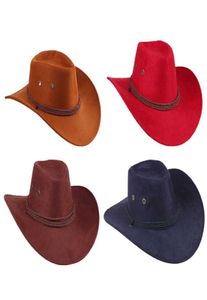 2019 New Western Cowboy Cowgirl Hat Style Hero Retro Black Brown rouge faux cuir Men Femmes d'équitation Wide Brim 58cm entier Q04808978