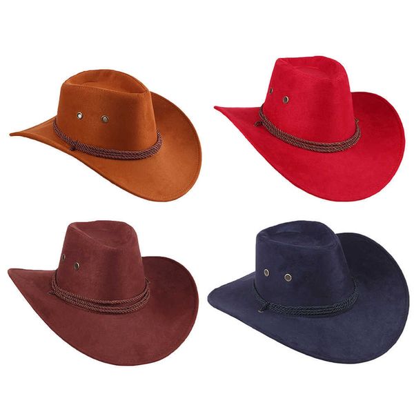 2019 New Western Cowboy Cowgirl Chapeau Héros Style Rétro Noir Marron Rouge Faux Cuir Hommes Femmes Casquette D'équitation Large Bord 58 cm En Gros Q0805