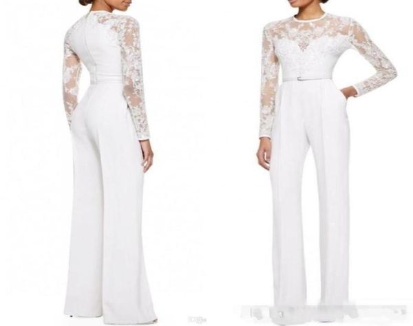 2019 nuevos trajes de pantalón blancos para madre de la novia mono con mangas largas con encaje adornado para mujer Ropa de noche formal por encargo 111079917