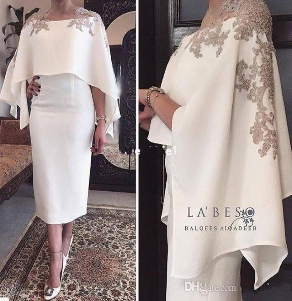 2019 Nouvelles robes à cocktails en satin blanc avec applications enveloppantes gaine de la longueur du thé Dubai Style Formelle Robe de fête Custom Made4170822