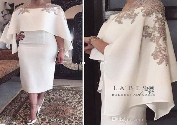 2019 Nuevos vestidos de cóctel de satén blanco con aplicaciones envolventes con la capa de té Vestida Dubai Vestido de ocasión formal Made8390656