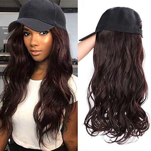 2019 Gorra de béisbol con extensión de cabello sintético Marrón Negro Gris Extensión de cabello largo y rizado con gorra de béisbol Peluca femenina