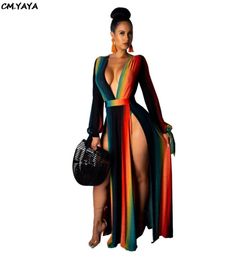 2019 Nieuwe vrouwen met lange mouwen Regenboogstrepen diep Vneck High Side Split Maxi Dress Club Party Sexy Night Long -jurken SMR92358756862