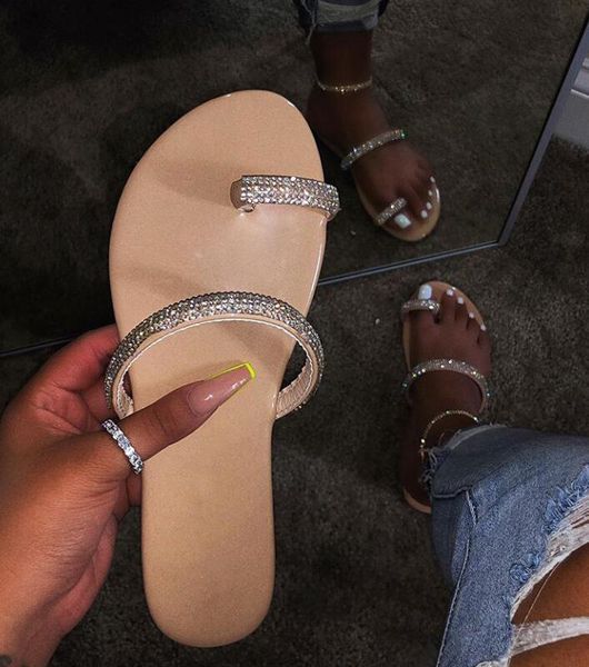 2019 nuevas sandalias de mujer con diamantes de cristal, chanclas informales para exteriores, zapatos con anillo en la playa para mujer, zapatillas antideslizantes