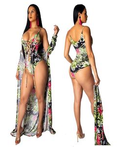 2019 Nouvelles femmes Sexy Summer Floral Imprimer plage Xlong Cloak Top Lace Up Sans manches Bodys à deux pièces Setfits Sautpheurs DRO8080626