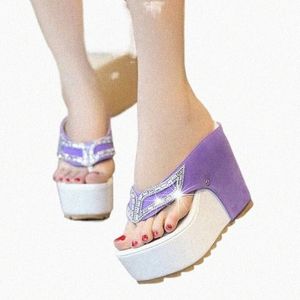 Nouvelles femmes d'été plate-forme chaussures à semelles compensées noir violet sandales pour dames femmes Bling diapositives tongs chaussure 53TI #
