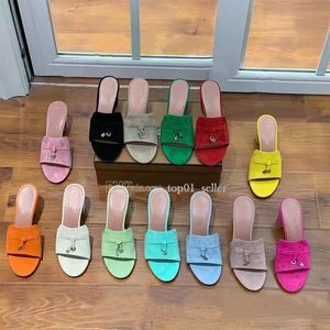 Loro Piana Sandals LP Summer Charms Slipper LP Piana verfraaide suede lederen slippers Designers Luxe Hoge hakken voor vrouwen Balck Roze Comfort Slip Flats Dia's