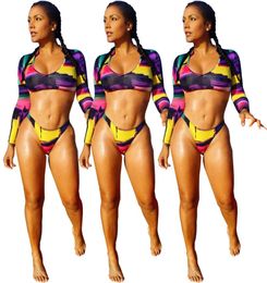 2019 New Women Summer Tie Dye Print coloré à manches longues Crop-top Pant de pantalon Two Piece Bodycon Beach Swimsuit Swim Wear1456089