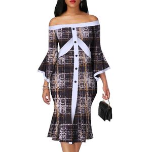 2019 nieuwe polskleding slash nek Afrikaanse bazin katoen Mid-jurk Dashiki Afrikaanse print jurken voor vrouwen knielengte 5XL WY3067