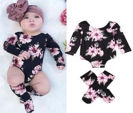 2019 plus récent 3 pièces nouveau-né infantile bébé filles fleur manches longues barboteuse combinaison tenues vêtements Set8064205