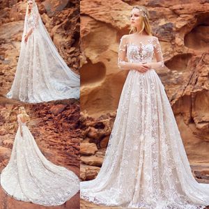 Nieuwste A-lijn Bruidsjurken Kant Applique Lange Mouwen Backless Sweep Train Beach Bridal Plus Size Illusion Boho Robe de Mariée