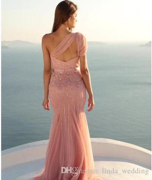 2019 El más nuevo y elegante vestido de fiesta de color rosa rubor con un hombro, sin mangas, largo, formal, para fiestas, vestido de fiesta de graduación por la noche, hecho a medida277Q