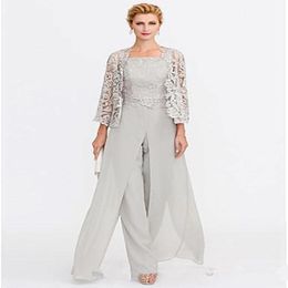 Vestidos de la madre gris más nueva de 2019 Dos piezas Dos piezas Jackets de encaje Vestidos de madres para eventos de boda Pantallas de pantalones Vesado por la noche 215d