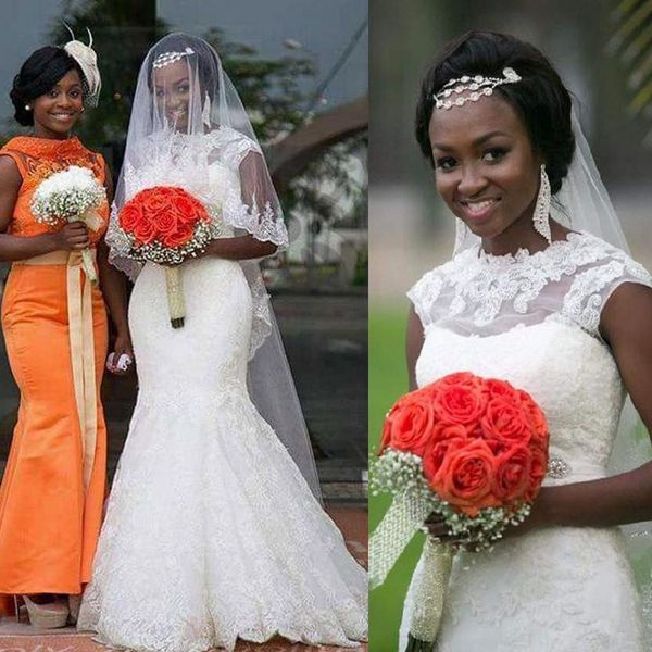 2019 nouvelles robes de mariée sirène style africain pure bijou cou sans manches dentelle appliques robes de mariée sur mesure avec cristaux ceinture