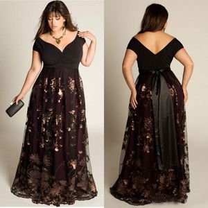 Date Plus La Taille Robes De Soirée Manches A-ligne De L'épaule Robe Formelle Paillettes Appliqued Parole-Longueur Occasion Spéciale Robes