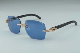 style diamants design T3524018-2 lunettes de soleil à verres micro-coupants, lunettes à branches en corne de buffle noire naturelle, taille: 18-140mm